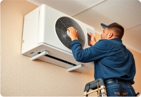 Technician working on microwave